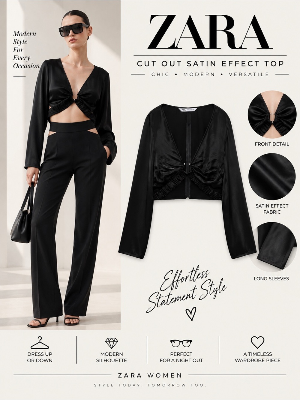 Zara Black Satin Effect Ruched Cutout Long Sleeve Crop Top NWT S